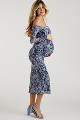 Navy Floral Off Shoulder Mesh Knit Maternity Midi Dress