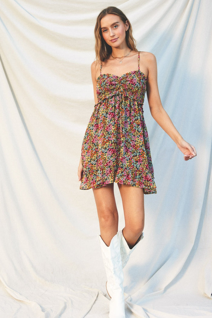 Black Floral Chiffon Smocked Ruched Front Dress