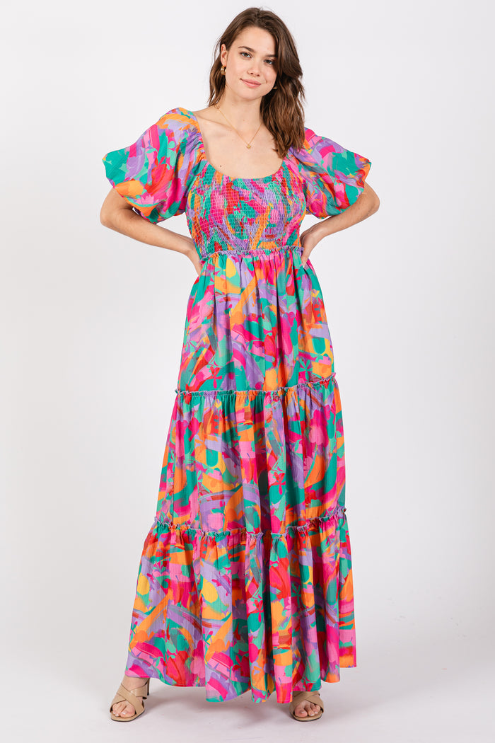 Lavender Multi Color Floral Puff Sleeve Maternity Maxi Dress