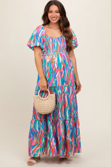 Blue Multi Color Print Puff Sleeve Maternity Maxi Dress