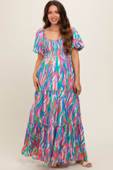 Blue Multi Color Print Puff Sleeve Maternity Maxi Dress