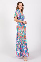 Blue Multi Color Print Puff Sleeve Maxi Dress