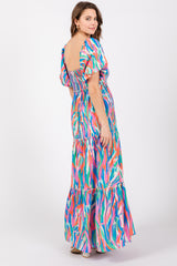 Blue Multi Color Print Puff Sleeve Maxi Dress