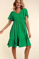 Green Smocked Ruffle Hem Maternity Dress