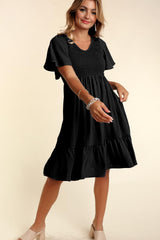 Black Smocked Ruffle Hem Dress