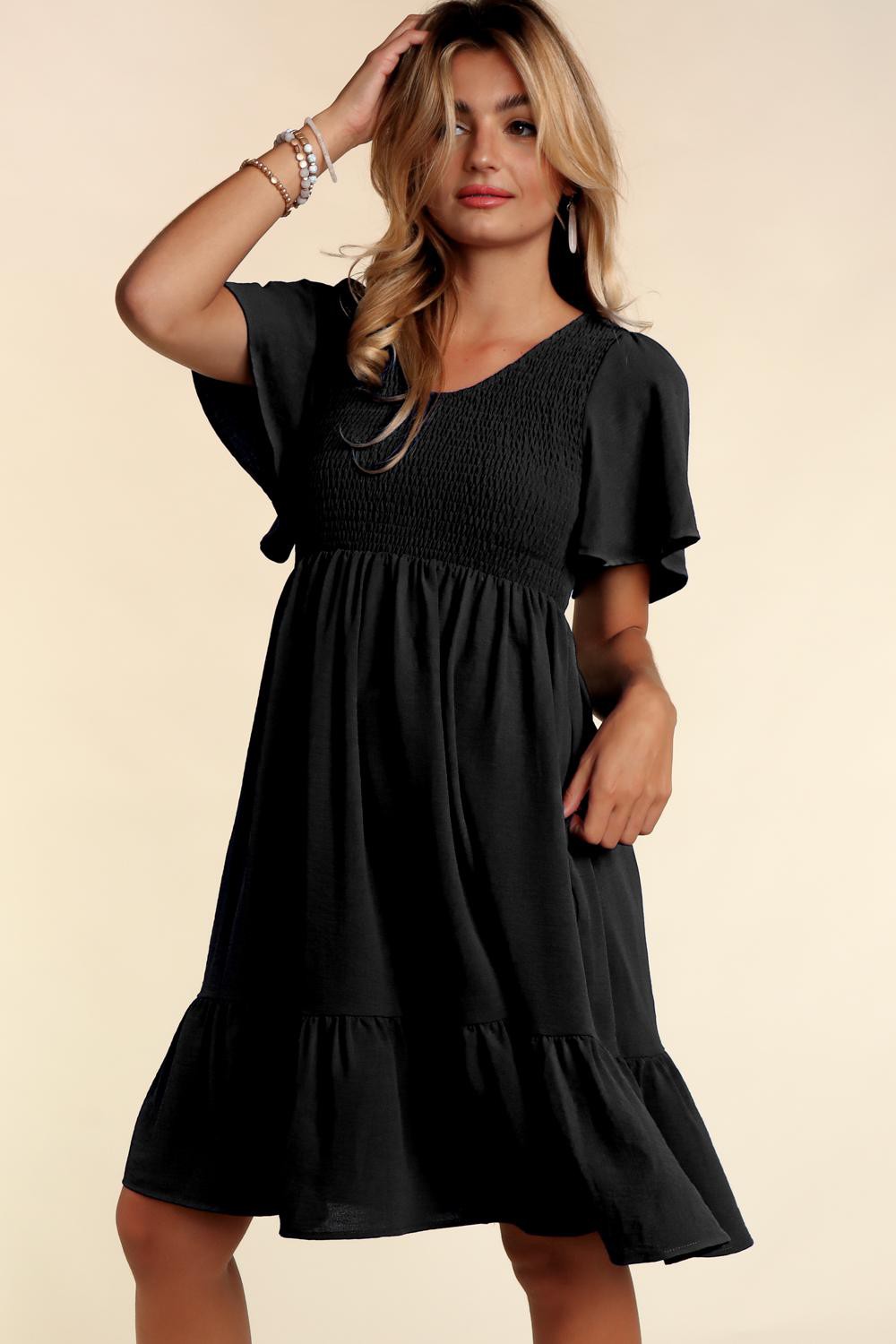 Black Smocked Ruffle Hem Dress