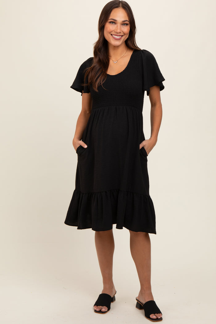 Black Smocked Ruffle Hem Maternity Dress