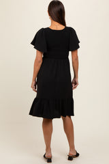 Black Smocked Ruffle Hem Maternity Dress