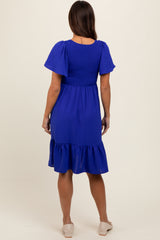 Royal Blue Smocked Ruffle Hem Maternity Dress