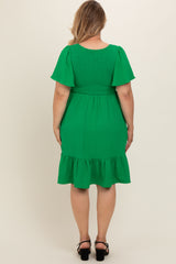 Green Smocked Ruffle Hem Maternity Plus Dress