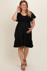 Black Smocked Ruffle Hem Maternity Plus Dress