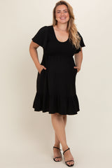 Black Smocked Ruffle Hem Maternity Plus Dress