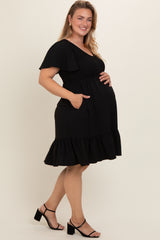 Black Smocked Ruffle Hem Maternity Plus Dress