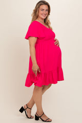 Fuchsia Smocked Ruffle Hem Maternity Plus Dress