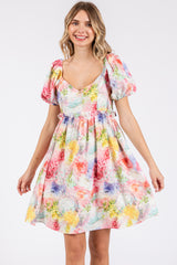 Multi-Color Floral V-Neck Short Puff Sleeve Ruffle Waist Dress