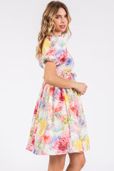 Multi-Color Floral V-Neck Short Puff Sleeve Ruffle Waist Dress