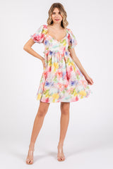 Multi-Color Floral V-Neck Short Puff Sleeve Ruffle Waist Dress