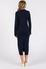 Navy Collared Long Sleeve Sweater Midi Dress