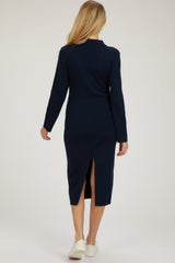 Navy Collared Long Sleeve Sweater Maternity Midi Dress