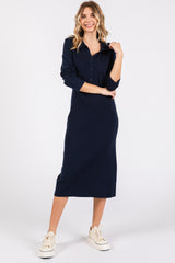 Navy Collared Long Sleeve Sweater Midi Dress