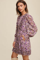 Violet Floral Print Ruffle Detailed Long Sleeve Dress