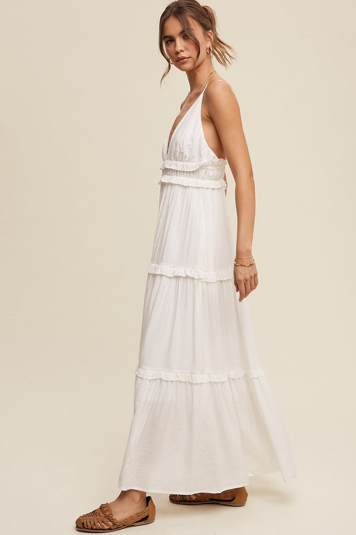 Cream Striped Ruffle Tiered Maxi Dress