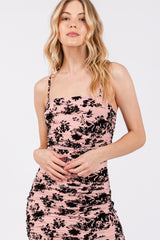 Pink Velvet Floral Ruched Mesh Midi Dress