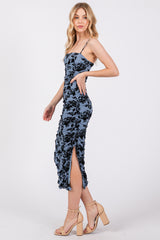 Blue Velvet Floral Ruched Mesh Midi Dress