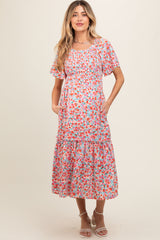 White Multicolor Floral Smocked Maternity Midi Dress