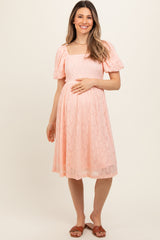 Peach Lace Square Neck Maternity Dress