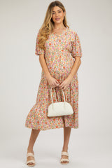 Ivory Floral Button Front Ruffle Hem Maternity Midi Dress