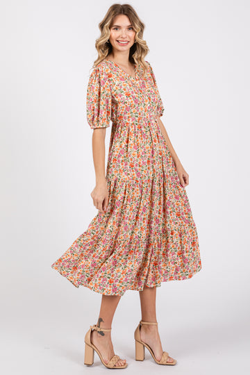 Ivory Floral Button Front Ruffle Hem Midi Dress
