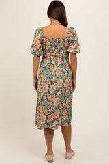 Blue Floral Square Neck Smocked Short Puff Sleeve Maternity Midi Dress