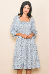 Light Blue Floral Smocked Maternity Knee Length Dress