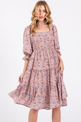 Light Pink Floral Smocked Knee Length Dress