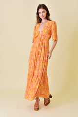 Orange Print Back Cutout Maxi Dress