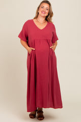 Red Gauze Short Sleeve Maternity Plus Midi Dress