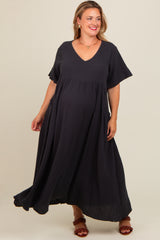 Charcoal Gauze Short Sleeve Maternity Plus Midi Dress