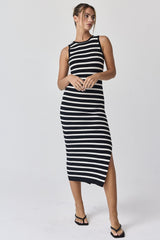 Black White Striped Knit Sleeveless Side Slit Maternity Midi Dress