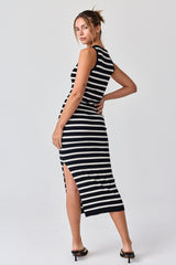 Black White Striped Knit Sleeveless Side Slit Midi Dress