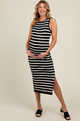 Black White Striped Knit Sleeveless Side Slit Maternity Midi Dress