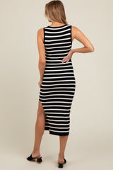 Black White Striped Knit Sleeveless Side Slit Maternity Midi Dress