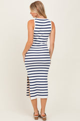 White Navy Striped Knit Sleeveless Side Slit Midi Dress