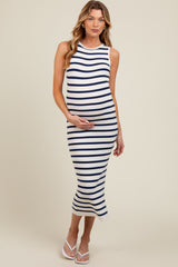 White Navy Striped Knit Sleeveless Side Slit Maternity Midi Dress