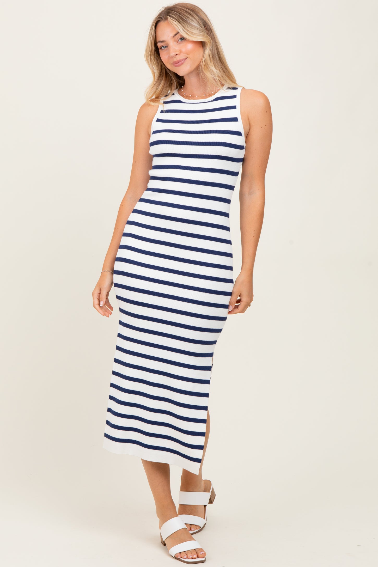 White Navy Striped Knit Sleeveless Side Slit Midi Dress
