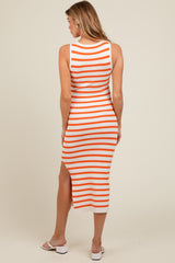 White Orange Striped Knit Sleeveless Side Slit Maternity Midi Dress