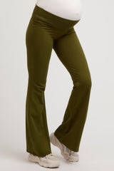 Olive Fold-Over Waistband Flared Maternity Leggings