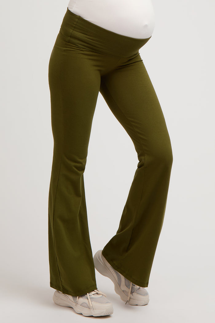 Olive Fold-Over Waistband Flared Maternity Leggings