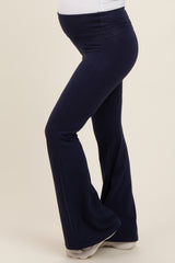 Navy Blue Fold-Over Waistband Flared Maternity Leggings