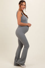 Heather Grey Open Back Ruched Sleeveless Maternity Jumpsuit